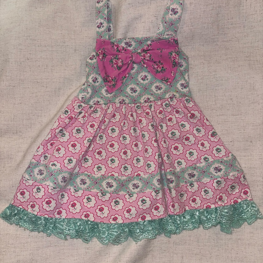 Olive May Floral Pink and Green Dress with Bow